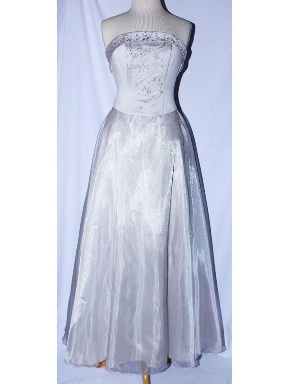 Poly #2274 Floor Length Satin And Organza Princess Prom Gown-Size S-SILVER-NEW
